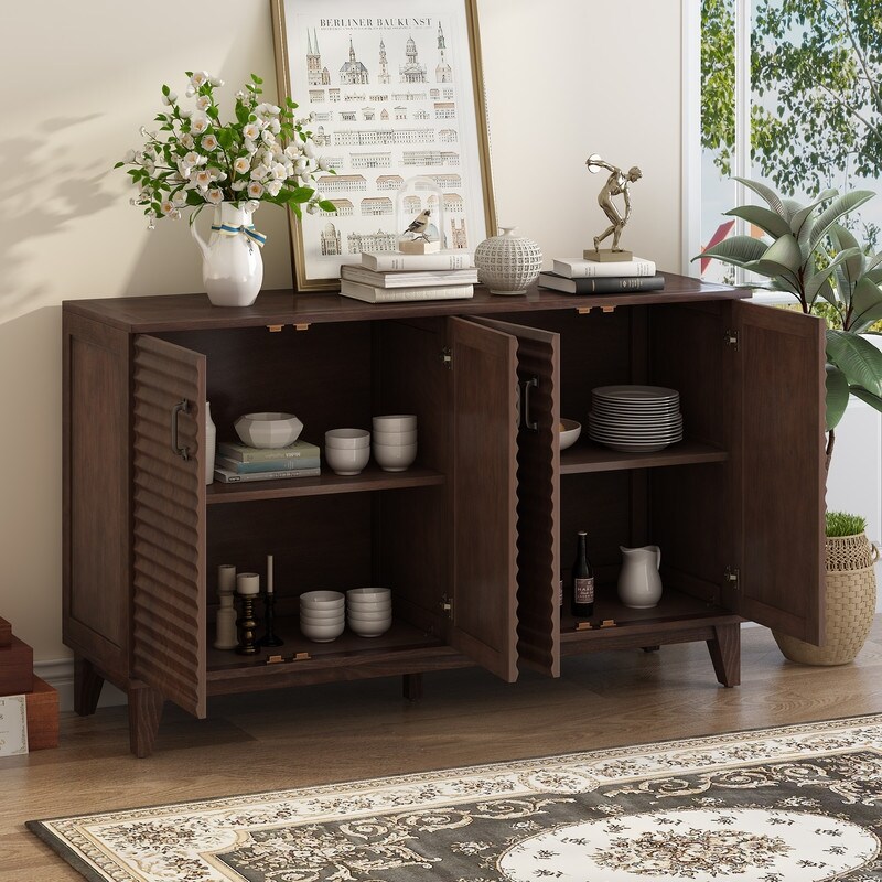 4 Door Storage Sideboard Buffet with Adjustable Shelves and Metal Handles for Kitchen  Dining Room  Espresso