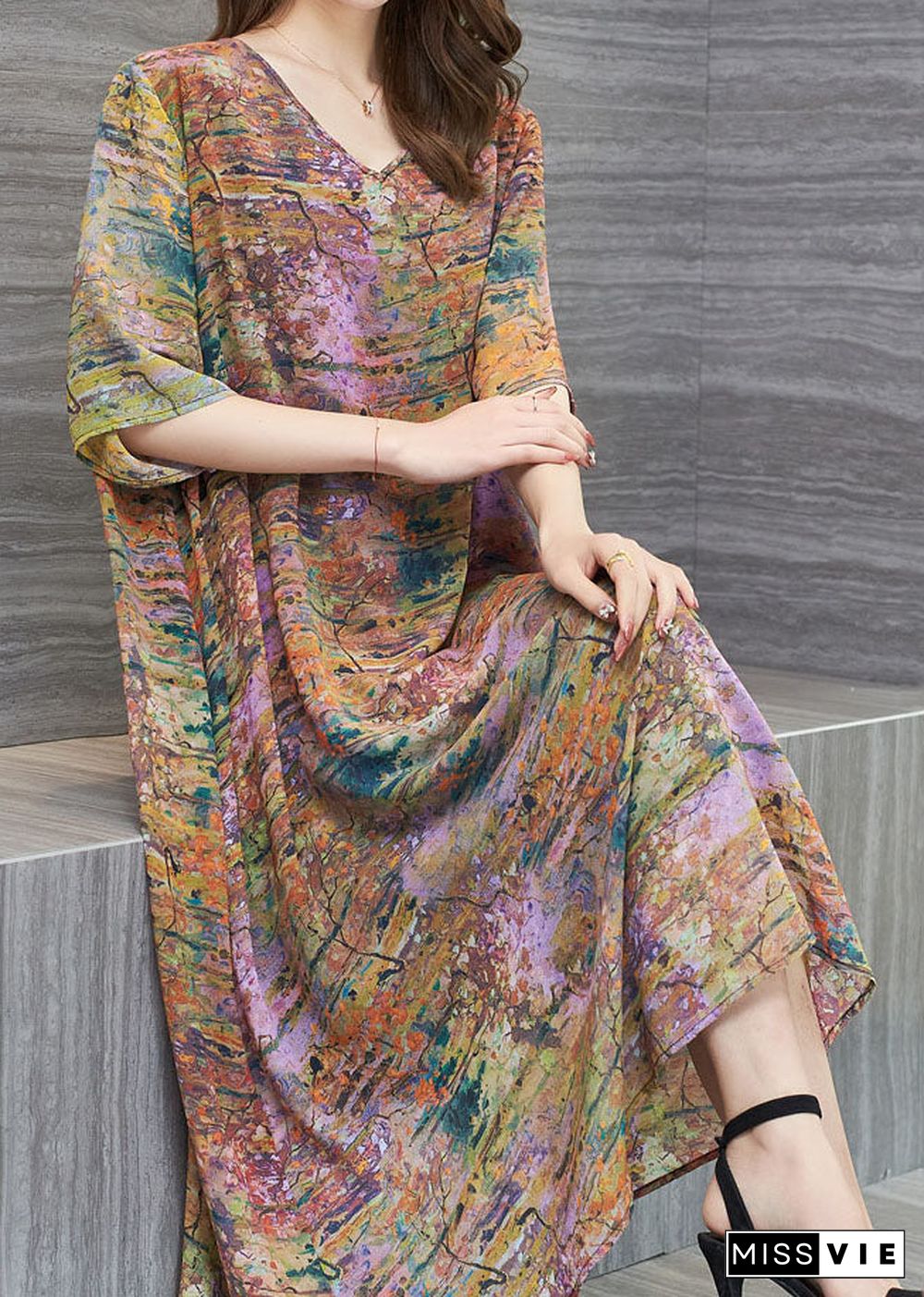 New Floral V Neck Patchwork Chiffon Mid Dress Summer