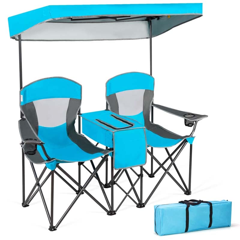 Double Sunshade Camping Canopy Chair with Mini Table, Cup Holder, Portable Folding Beach Chair with Canopy