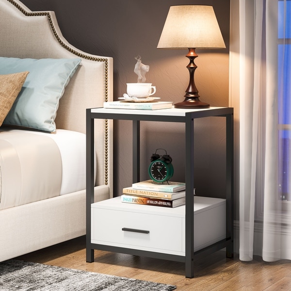 White and Gold Nightstand with Drawer and Storage Shelves