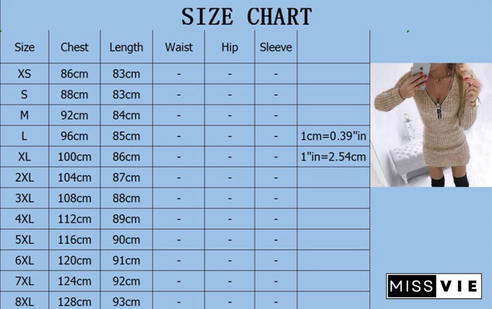 XS-8XL Plus Size Fashion Clothes Women's Casual Long Sleeve Bodycon Dress Club Wear Package Hip Party Dress Autumn and Winter Warm Sweater Dresses Ladies Deep V-neck Zipper Pullover Sweater Mini Dress Solid Color Slim Fit Knitted Sweater Dress