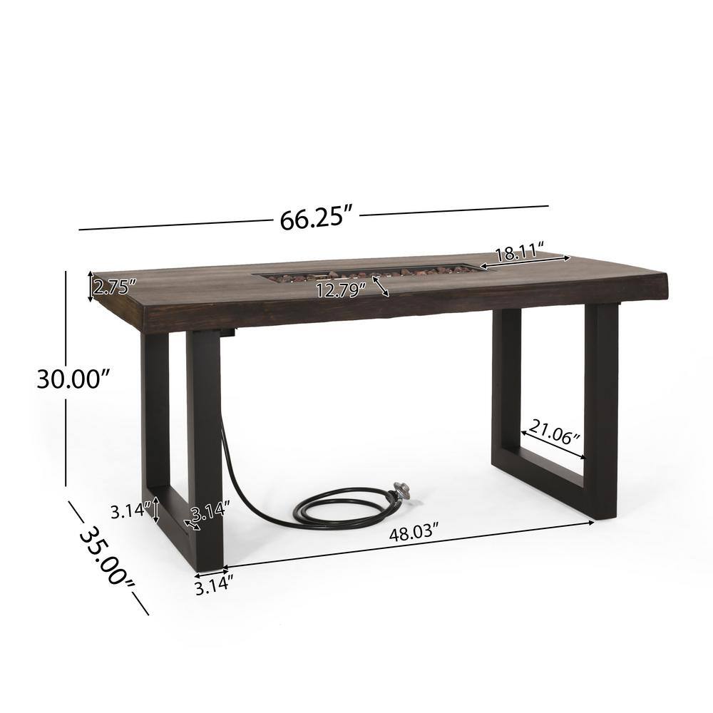 Noble House Wendall Outdoor BlackDark GreyAntique Teak Rectangular Stainless Steel Fire Pit Dining Table with Tank Holder 107049