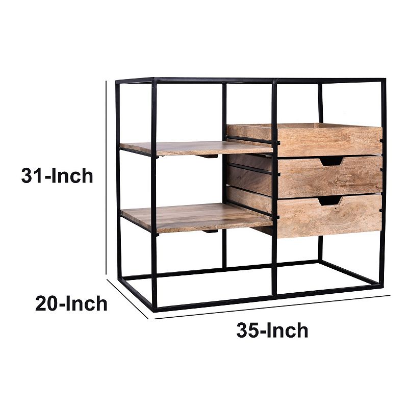 35 Inch Handcrafted Modern Glass Table， Storage Shelves， 3 Drawers， Metal Frame， Natural Brown and Black