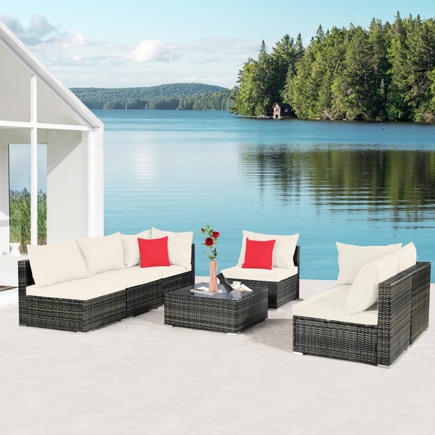 Tangkula 7 Pcs Outdoor Patio Furniture Set All weather Pe Rattan Sofa Set W coffee Table amp Cushions