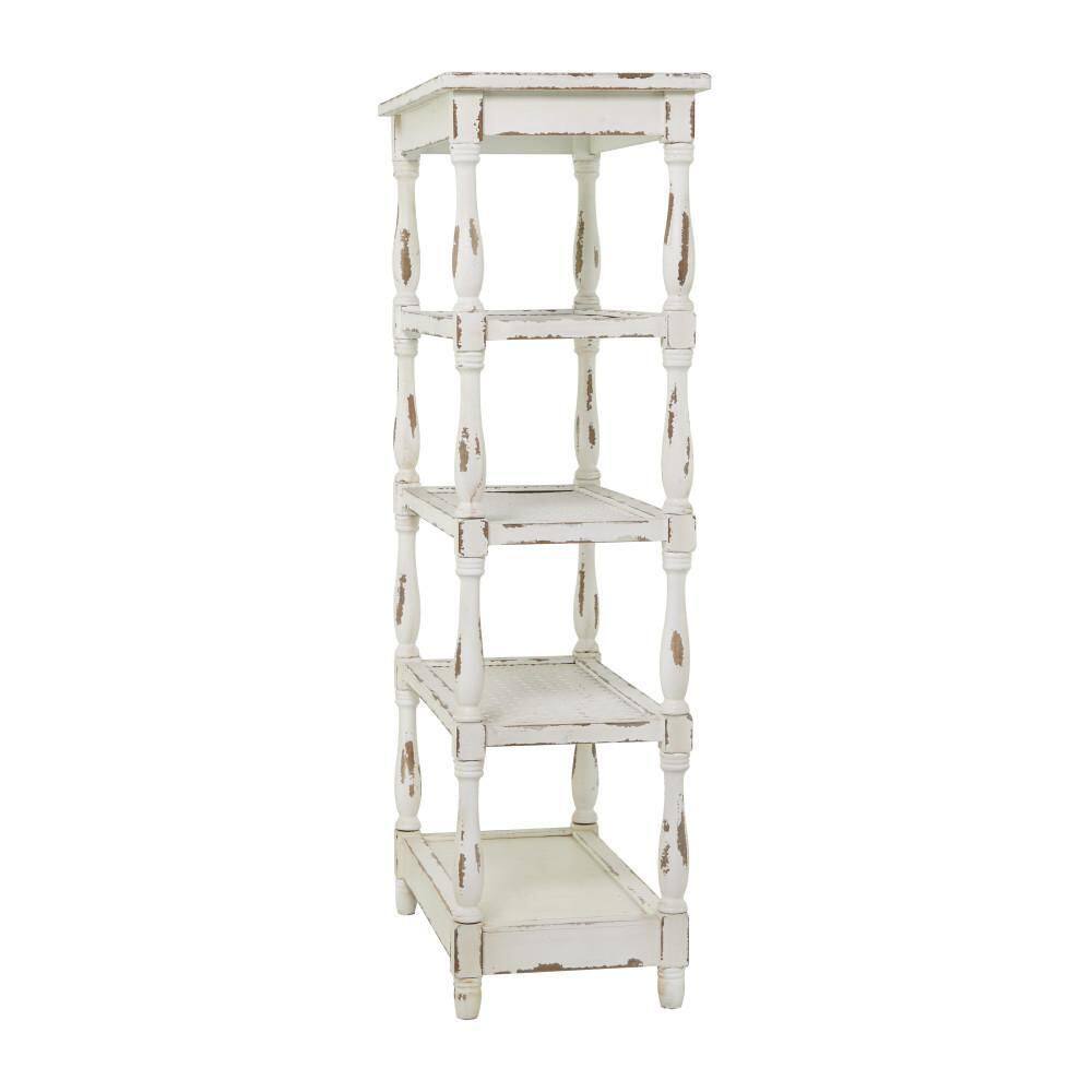 Litton Lane 5 Shelf Wood Stationary White Distressed Open Shelving Unit with Spindle Sides and Mesh 44419