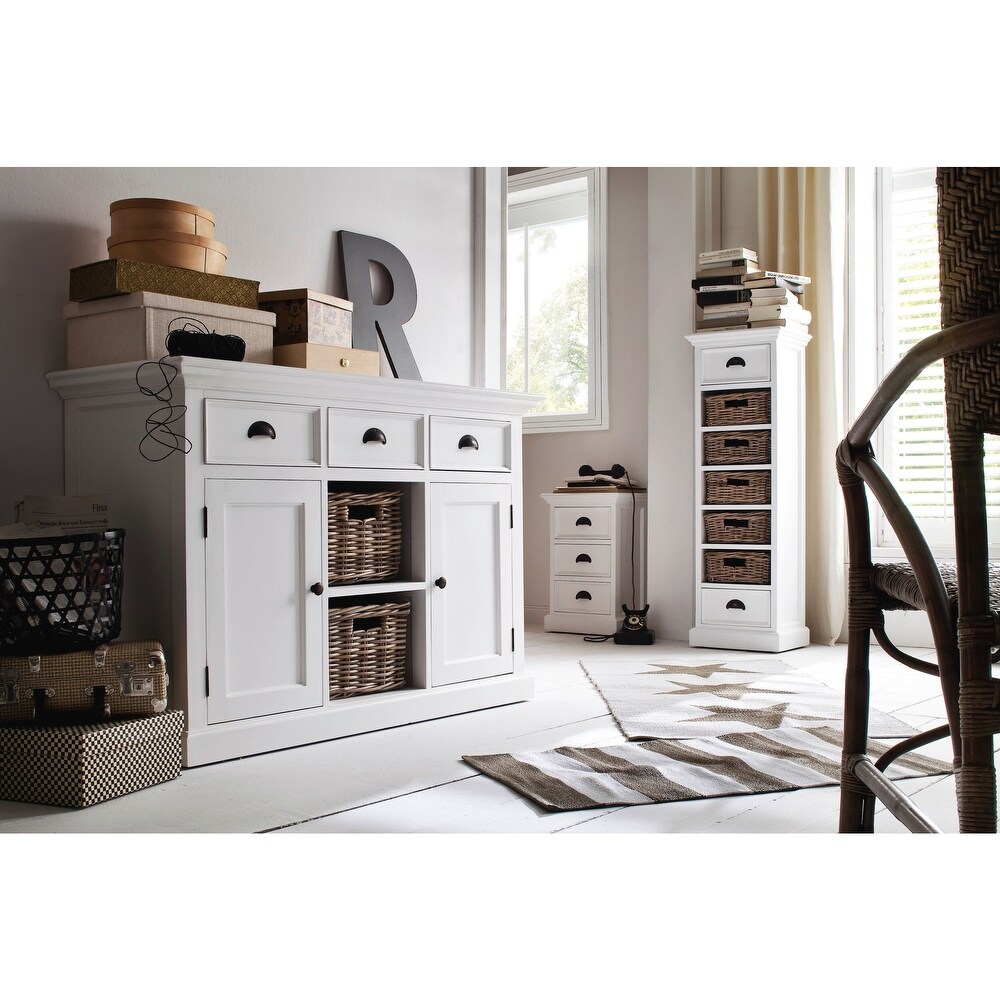 NovaSolo Halifax Coastal White Buffet with 2 Baskets  Solid Mahogany Frame  49.21 x 19.69 x 33.46   49.21 x 19.69 x 33.46