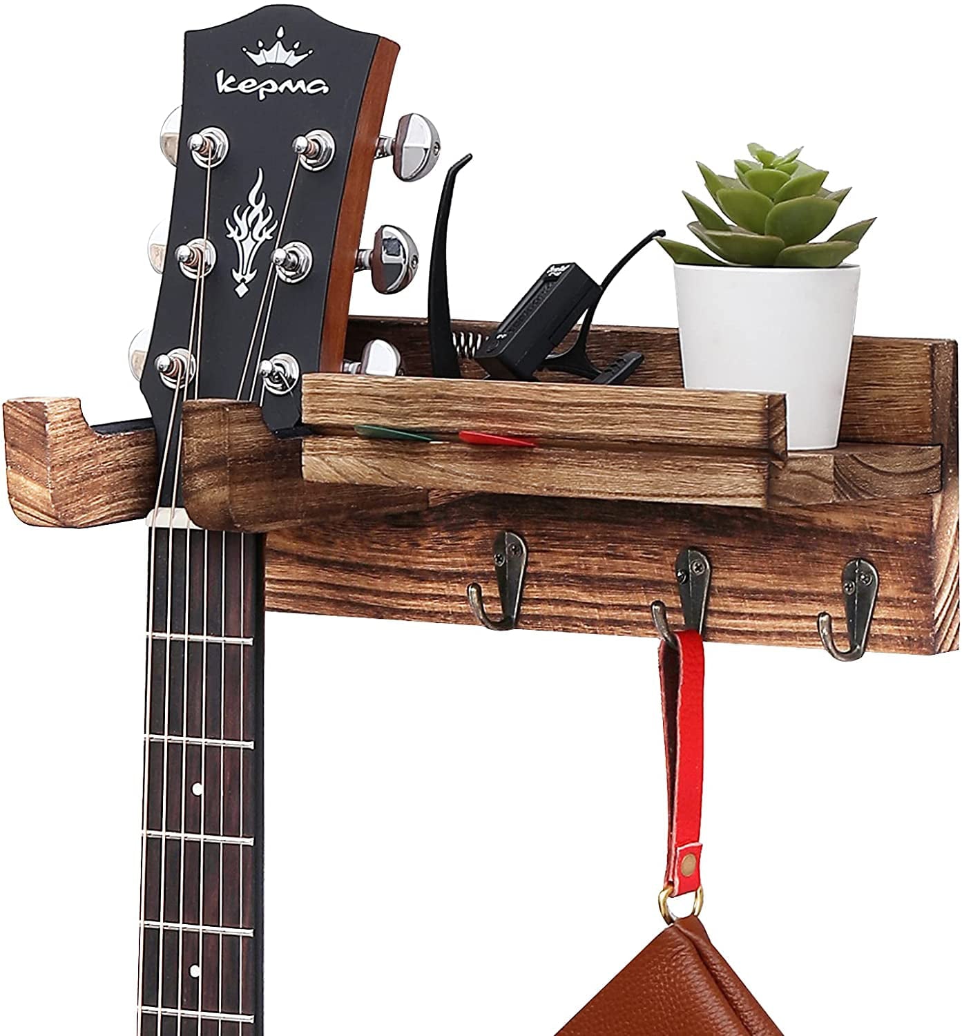 WELLAND Guitar Wood Wall Hanger with Storage Shelf， Hanging Rack for Electric Guitar， Acoustic Guitar， Bass Guitar， Guitar Accessories