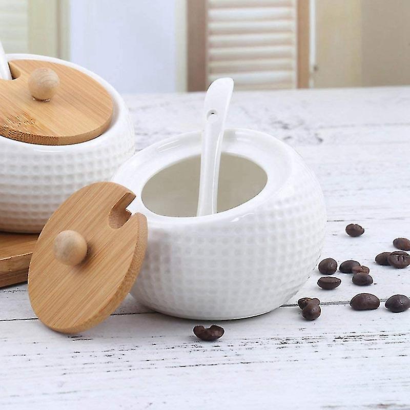 New Porcelain Condiment Jar Spice Container With Lids - Bamboo Cap Holder Ceramic Serving Spoon Wooden Tray