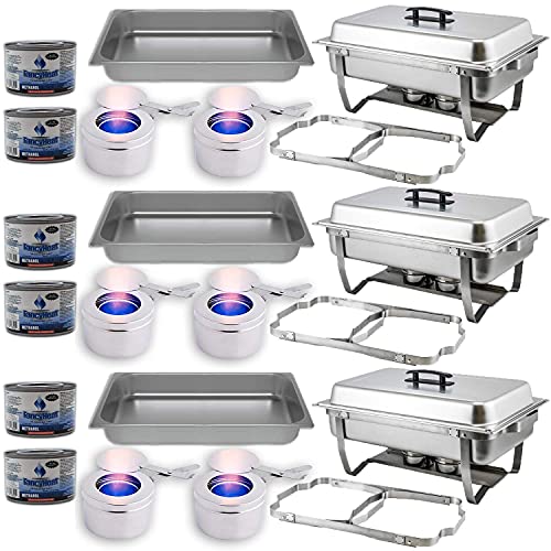 Chafing Dish Buffet Set w/Fuel — Folding Frame + Water Pan + Food Pan (8 qt) + 6 Fuel Holders + 6 Fuel Cans – 3 Full Warmer Kit， Stainless Steel Construction