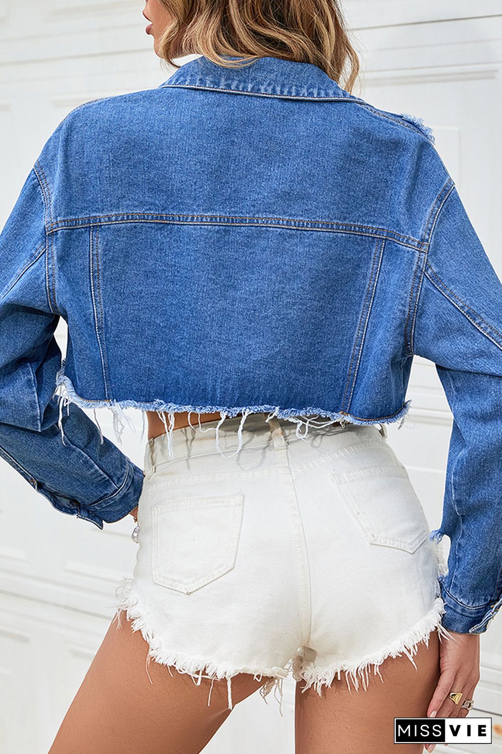 Blue Ripped Open Button Short Length Denim Jackets