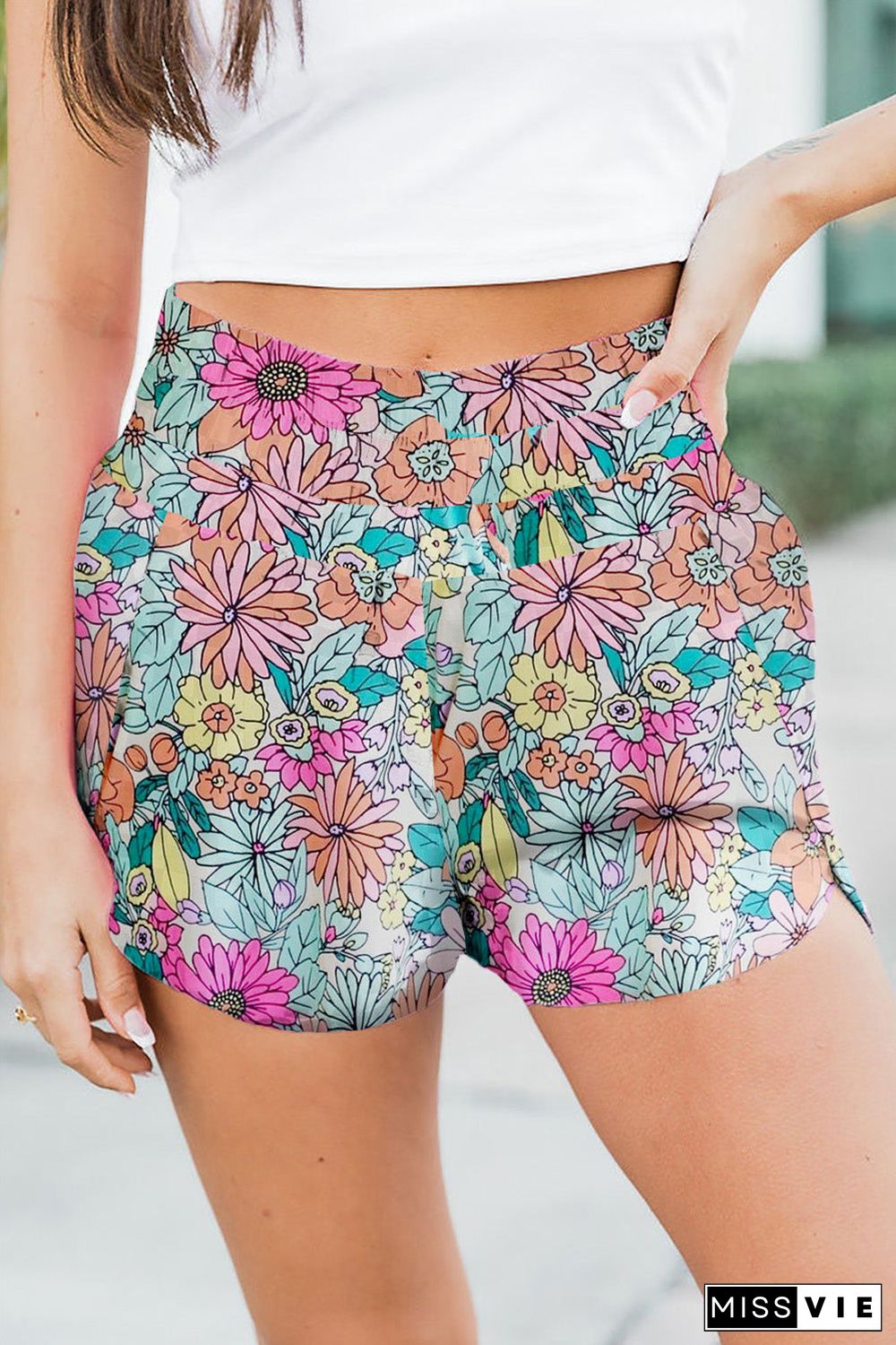 Print High Waisted Athletic Shorts