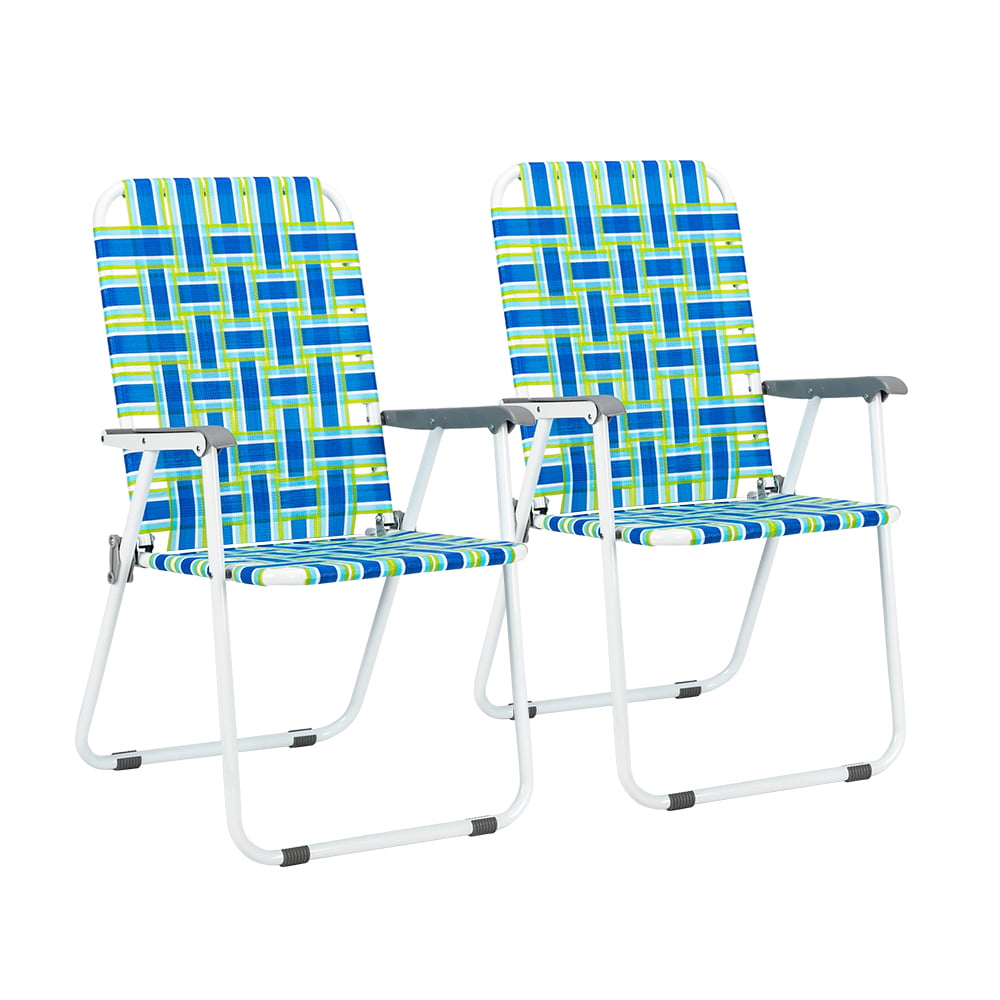 VINGLI Patio Lawn Chairs Folding Set of 2, Webbed Folding Chair Outdoor Beach Chair Portable Camping Chair for Yard, Garden（Blue)