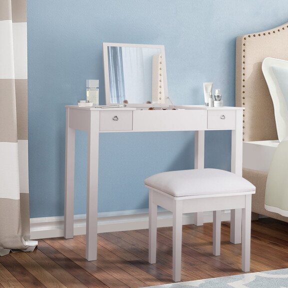 Accent White Vanity Table Set with Flip Top Mirror...