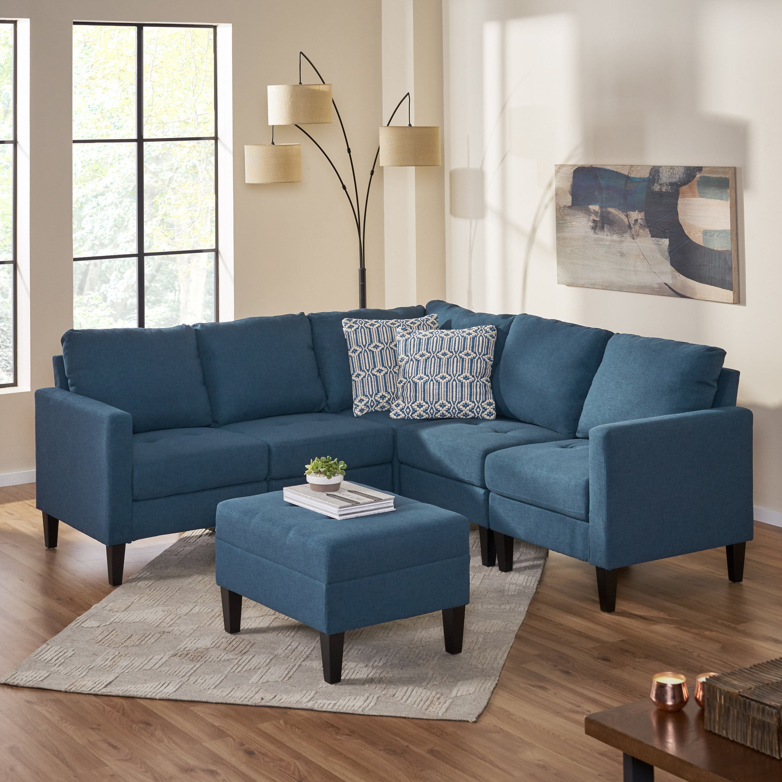 GDF Studio Bridger Fabric Sectional Couch with Ottoman, Dark Blue