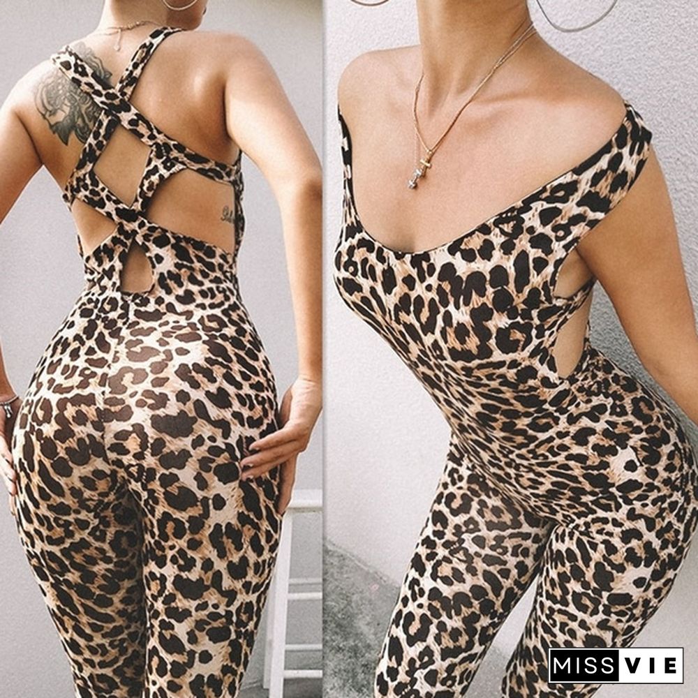 Women Fashion Leopard Printed Yoga Sports Fitness Overalls Bodysuit Sleeveless Backless Jumpsuit