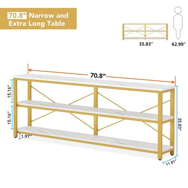 Brown Industrial Extra Long Console Sofa Table，White/ Gold 3 Tiers TV Stand