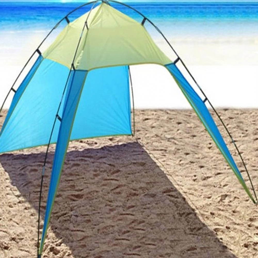 PVUEL Triangle Beach Tent Sun Shade for 4-6 Persons， Portable UV Sun Shelter for Outdoor Camping Fishing Canopy， Blue