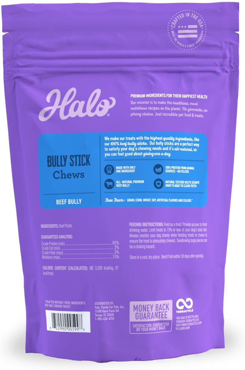 Halo Bully Sticks Dog Treats， 6 count