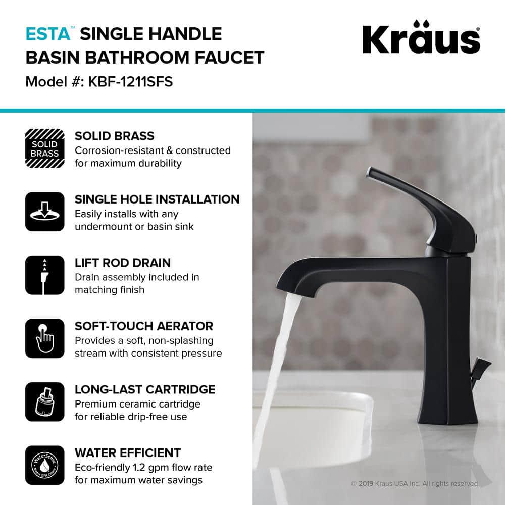 KRAUS Esta Single Hole SingleHandle Basin Bathroom Faucet with Lift Rod Drain in Matte Black