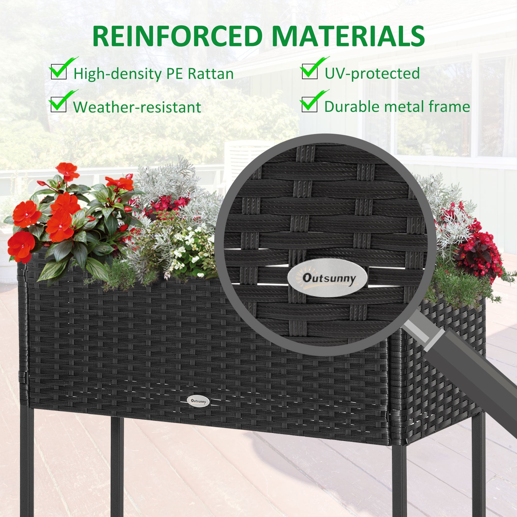 Outsunny Elevated Metal Raised Garden Bed with Rattan Wicker Look, Underneath Tool Storage Rack, Sophisticated Modern Design, Black