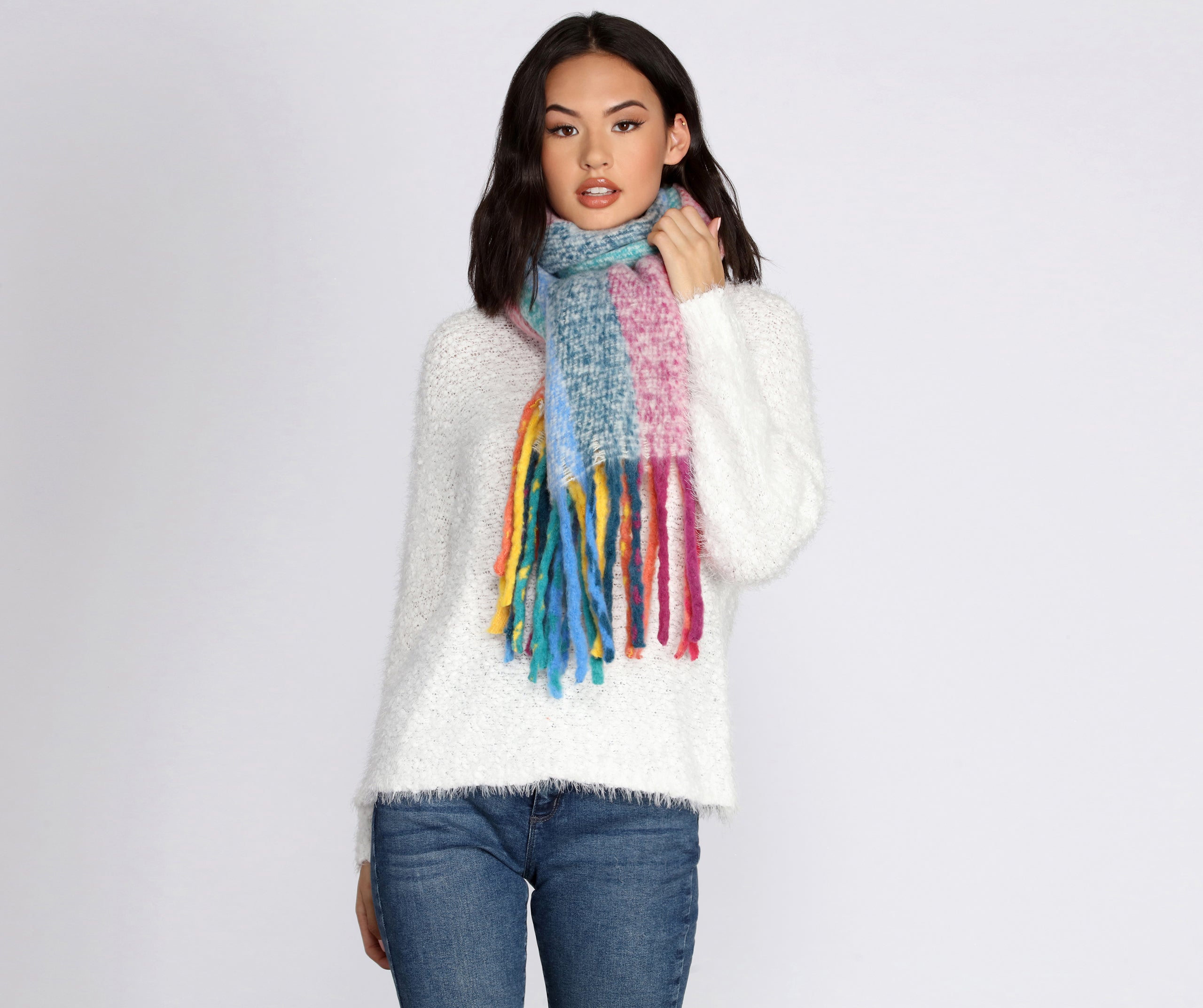 Rainbow Striped Fringe Scarf