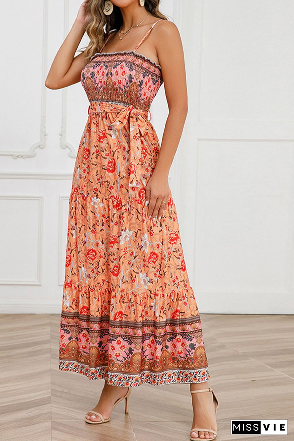 Boho Floral Print Smocked Bandeau Spaghetti Strap Maxi Dress