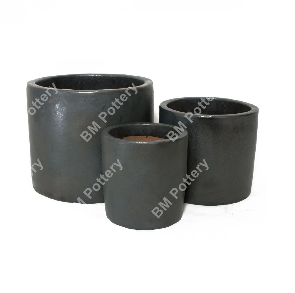 Set of 3 glazed terracotta pots Matt black for Indoor and Outdoor planter decor for garden plants