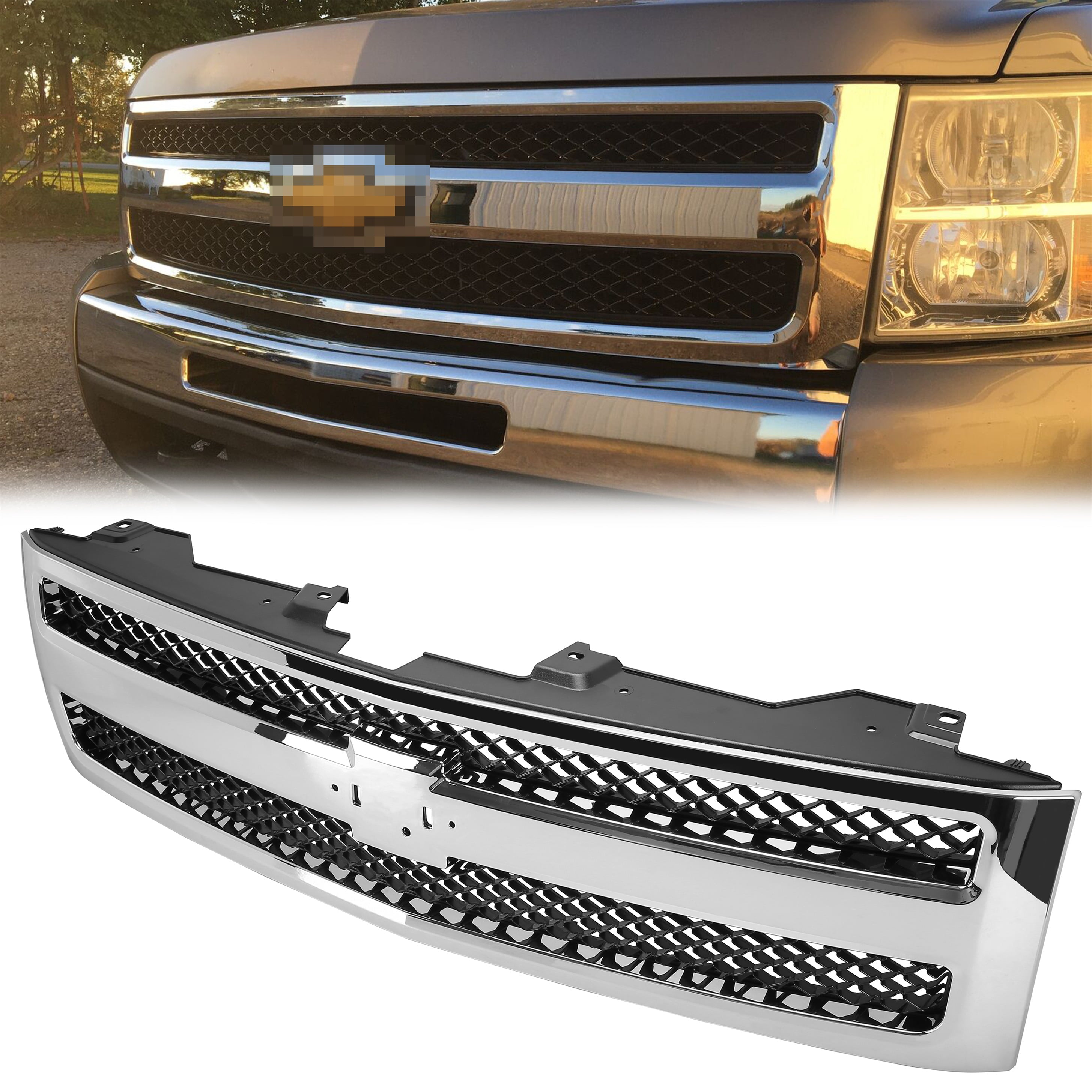 Kojem Front Bumper Mesh Grille Grill for 2007 2008 2009 2010 2011 2012 2013 Chevrolet Silverado 1500  Pickup Truck GM1200572 25810707 Chrome