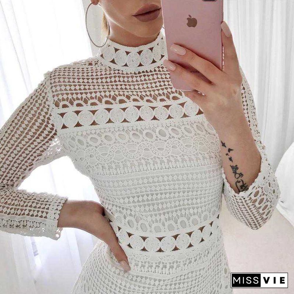 Bohemian long sleeve turtle neck white lace dress