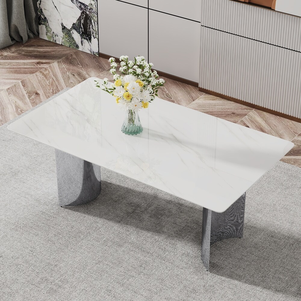 Modern Minimalist Dining Table with White Imitation Marble Glass Sticker Desktop and Stainless Steel Legs   71*39.3