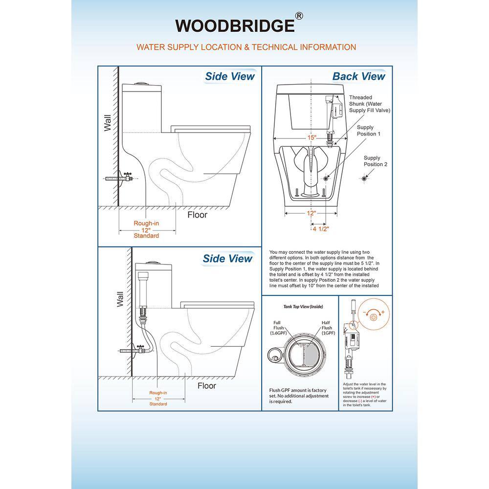 WOODBRIDGE Everette 1-piece 1.11.6 GPF Dual Flush Elongated Toilet in White with Seat Included and Brushed Gold Flush Button HB0940-BG