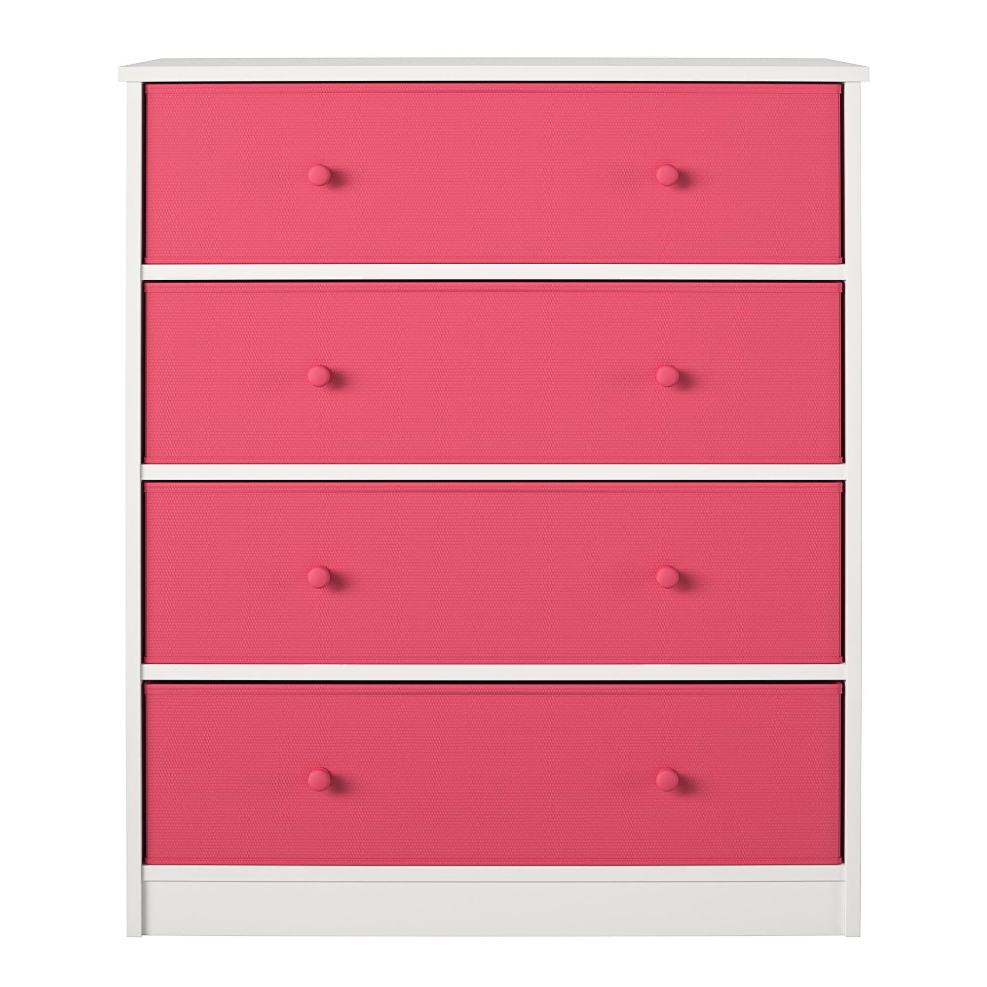 Ameriwood Home Mya Park Tall Dresser with 4 Fabric Bins, White w/ Pink Bins