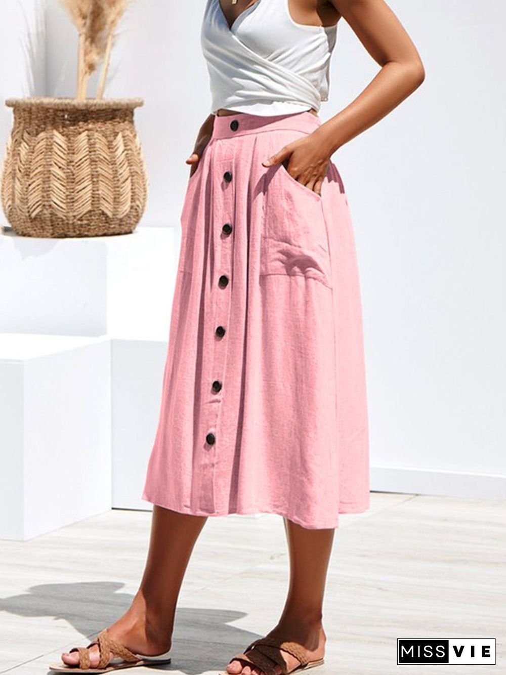 A-Lined Buttons Knee Length Midi Skirt With Pockets