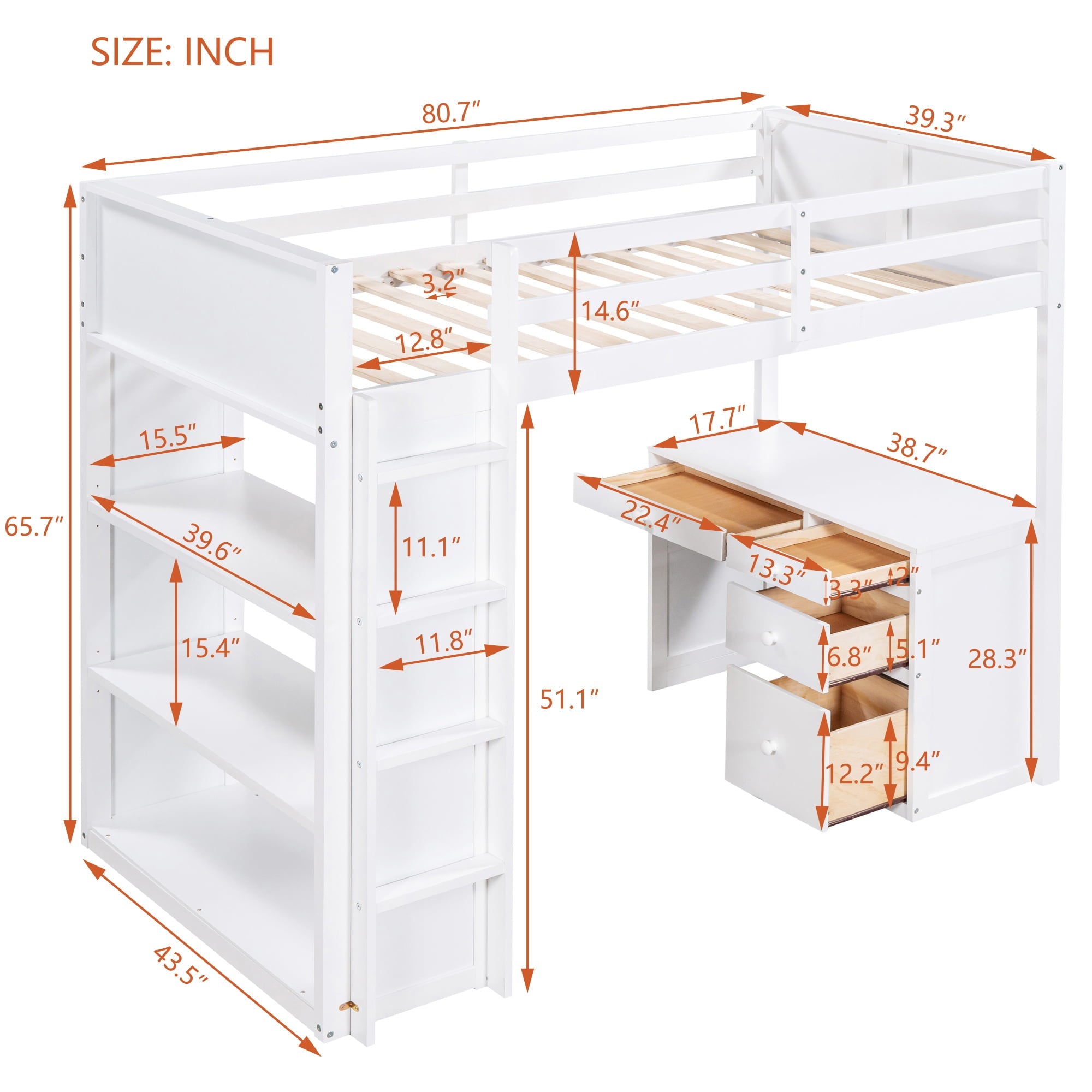 Bellemave Twin Size Kids Loft Bed with Desk and Shelves, Wood Loft Bed with Storage and Ladders for Kids, Teens, Junior (White)