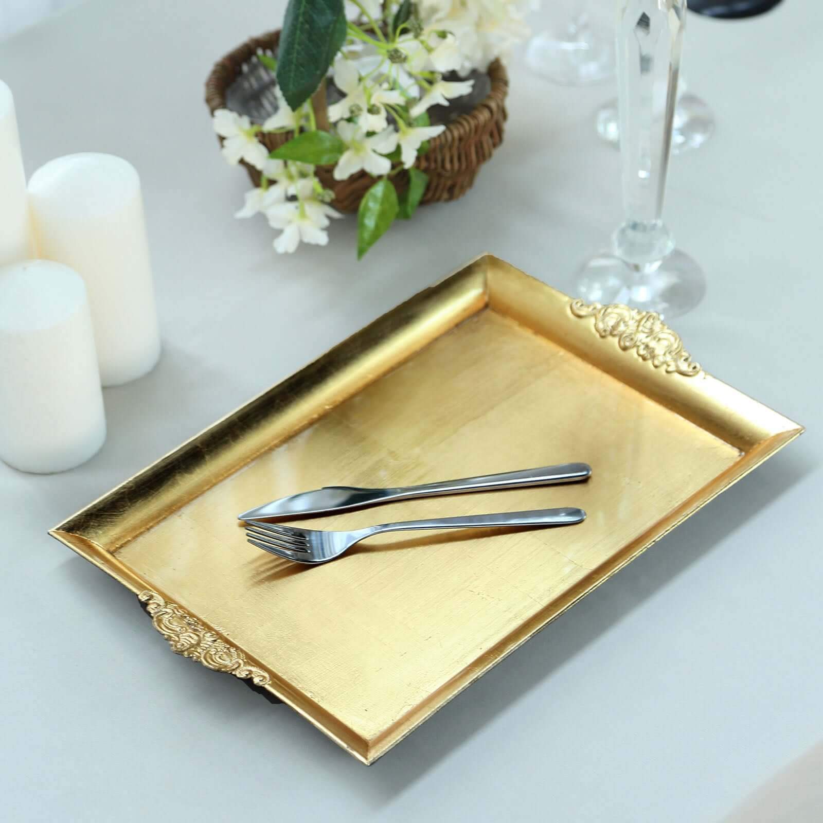 2 Pack Gold Rectangle Decorative Acrylic Serving Trays With Embossed Rims 14