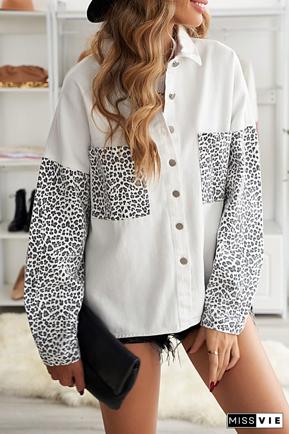 White Contrast Leopard Denim Jacket