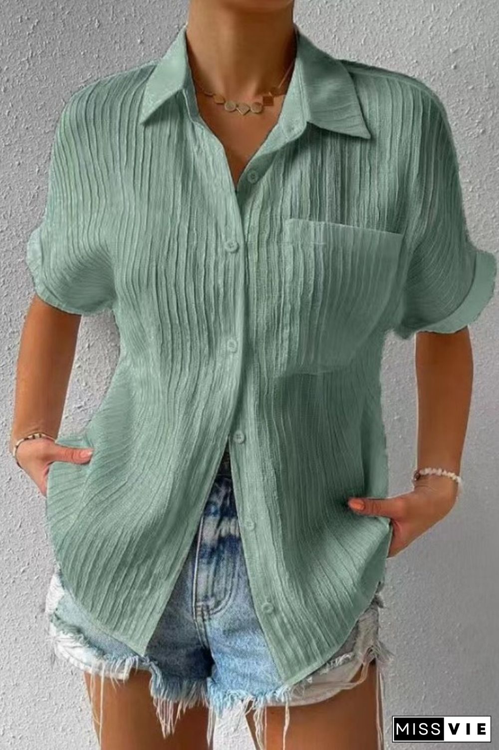 Green Casual Solid Patchwork Basic Shirt Collar Tops