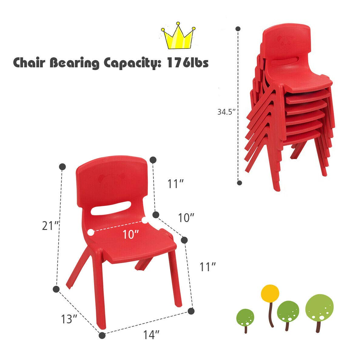 Costzon Plastic Stackable School Chairs, 6 Pack, Kids Learning Chairs with 11 inch Seat Height (6 Pack, Red)