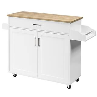 ANGELES HOME White Wood Top Small Rolling Kitchen Island Cart with Towel and Spice Rack Kitchen Island on Wheels M51-8KC983WH