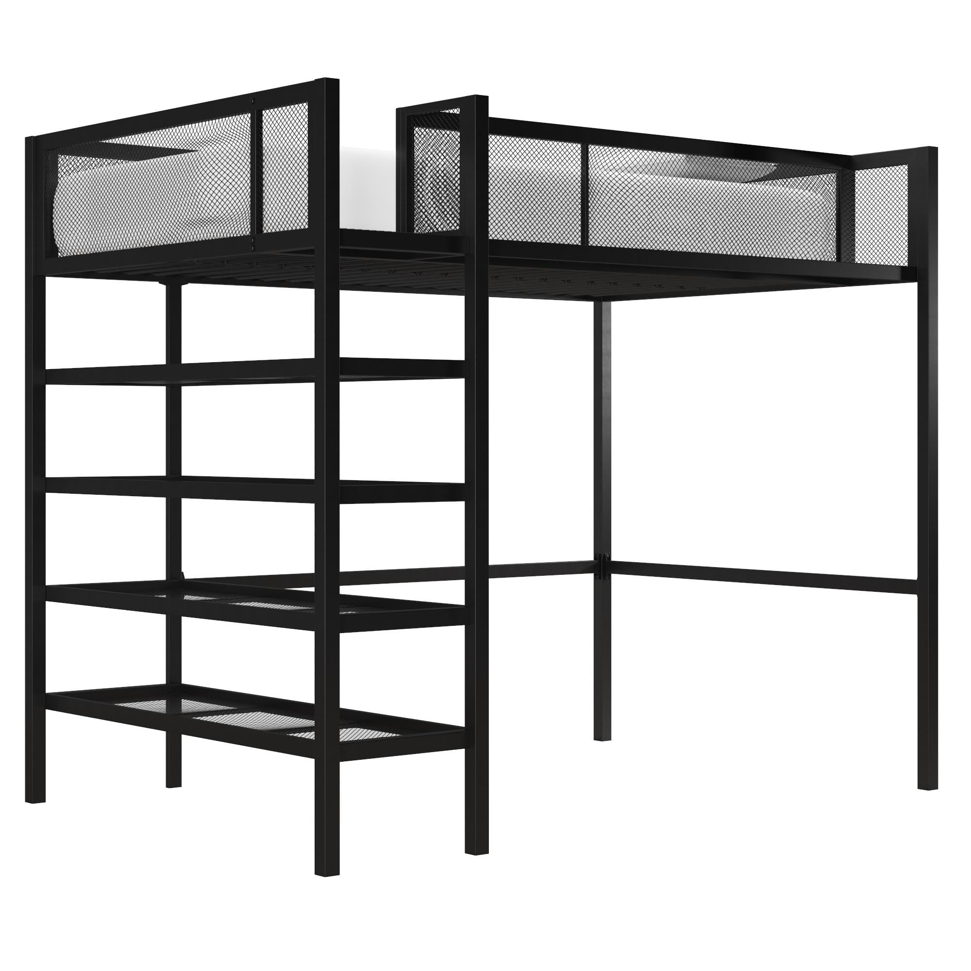 Mainstays Metal Storage Loft Bed with Book Case, Black, Twin