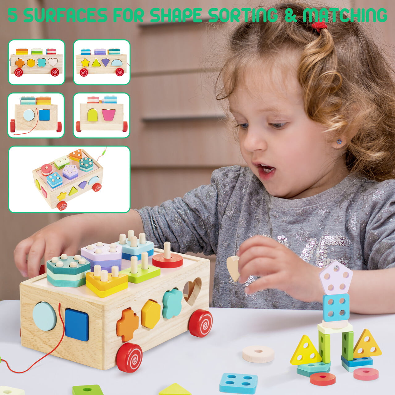 Shape Sorter Learning Toys for Toddlers， Wooden Montessori Stacking Blocks Toys Colorful Activity Cube Toys Baby Boy Girl Gifts