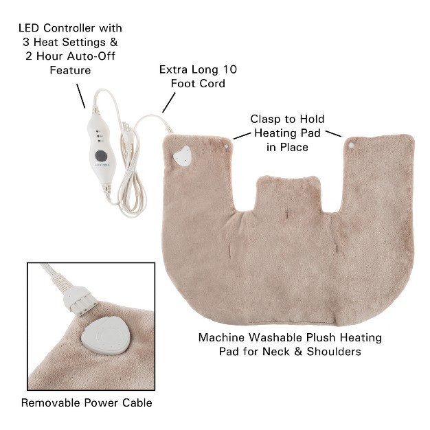 Electric Neck shoulder Warmer heating Pad With 3 Settings Auto Shut Off Front Clasp And Long Detachable Cord By Fleming Supply tan