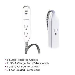 CyberPower 6 ft. 15-Watt 3-Outlet Surge Protector USB-A 2.4 Amp USB-C 400 Joules Braid Cord GC306UCHD