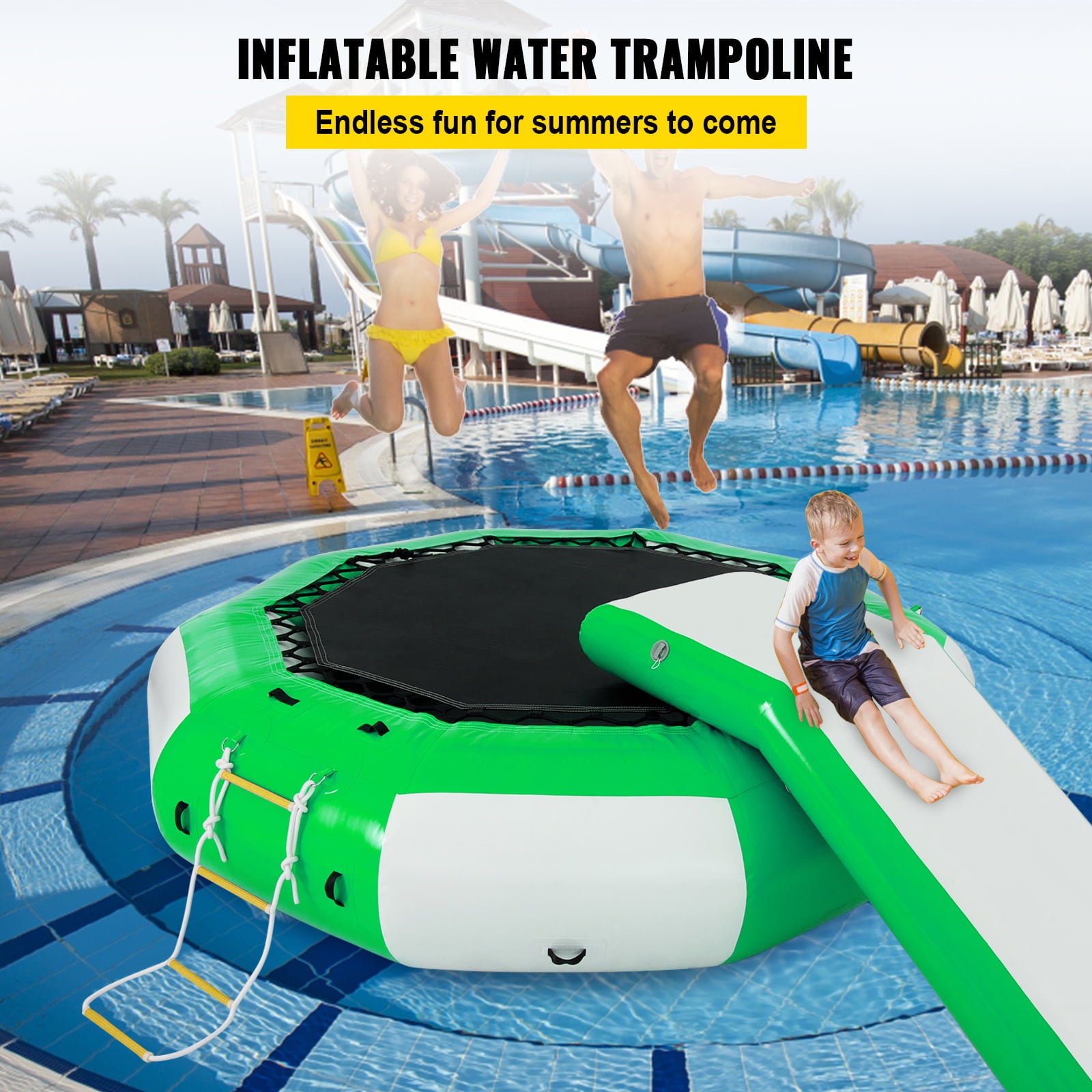 VEVORbrand Inflatable Water Trampoline 10ft ， Round Inflatable Water Bouncer with Yellow Slide and 4-Step Ladder， Water Trampoline in Green and White for Water Sports