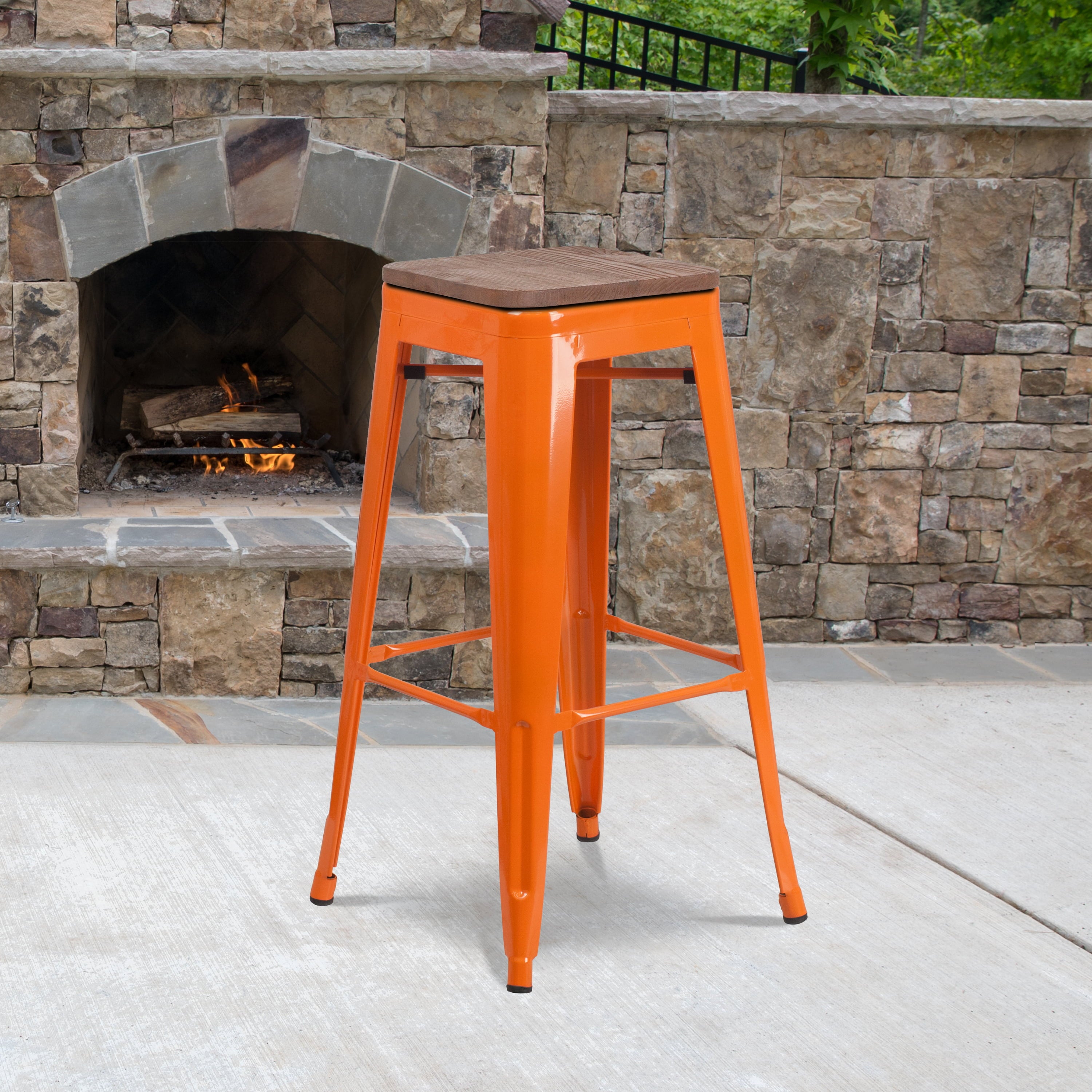 BizChair 30 High Backless Orange Metal Barstool with Square Wood Seat