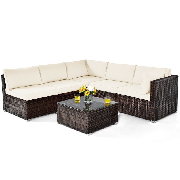 Tangkula 6pcs Wicker Patio Sectional Conversation Furniture Set With Seat Cushions amp Coffee Table