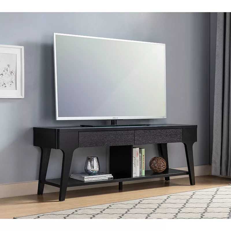 FC Design 60W Contemporary TV Stand with Two Drawers and Rounded Corners in Black Finish