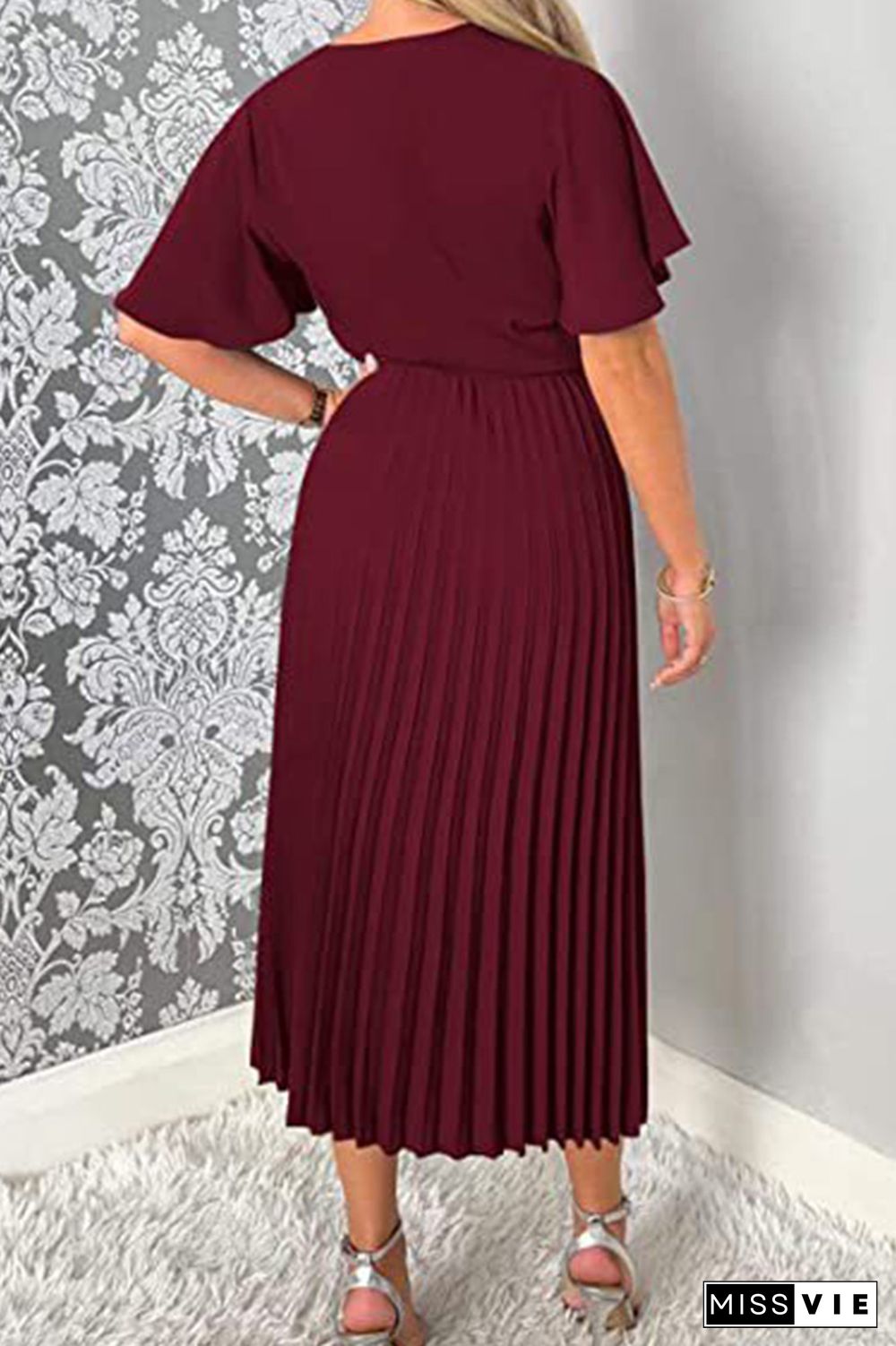 Plain V Neck Flare Sleeves Pleated Midi Dress