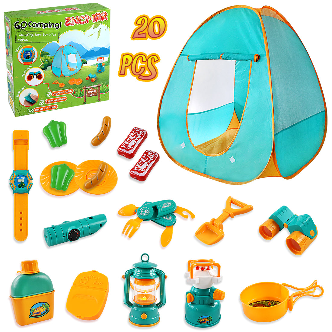 Kids Camping Play Tent Gear Set with Pretend Equipment Tool Indoor Outdoor Toys for Toddlers