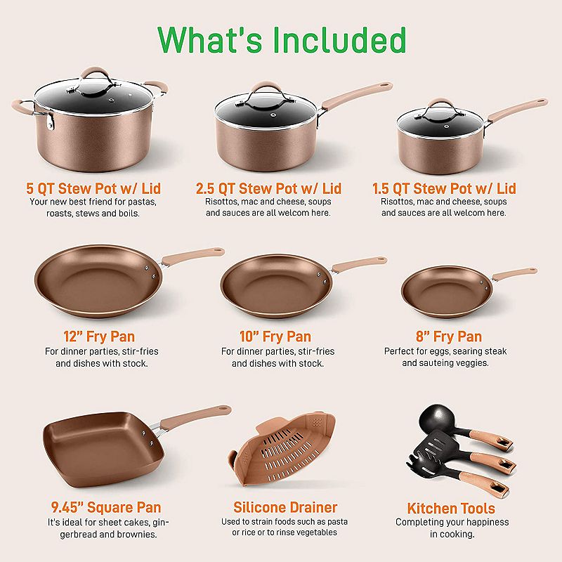 NutriChef Nonstick Cooking Kitchen Cookware Pots and Pans， 20 Piece Set， Bronze